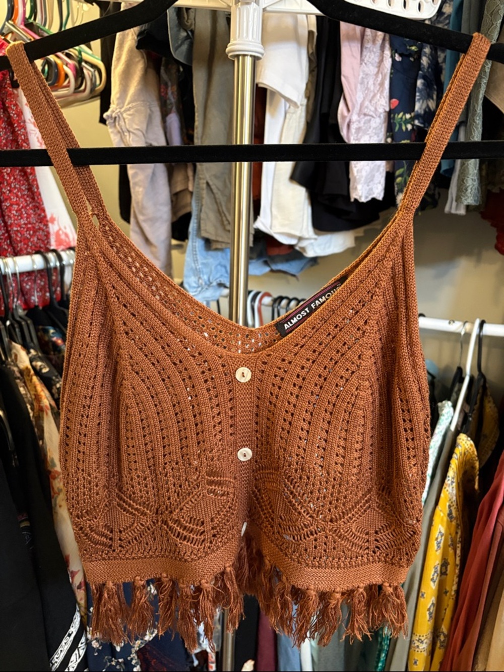 Almost Famous Rust Crochet Fringe Crop Tank Top